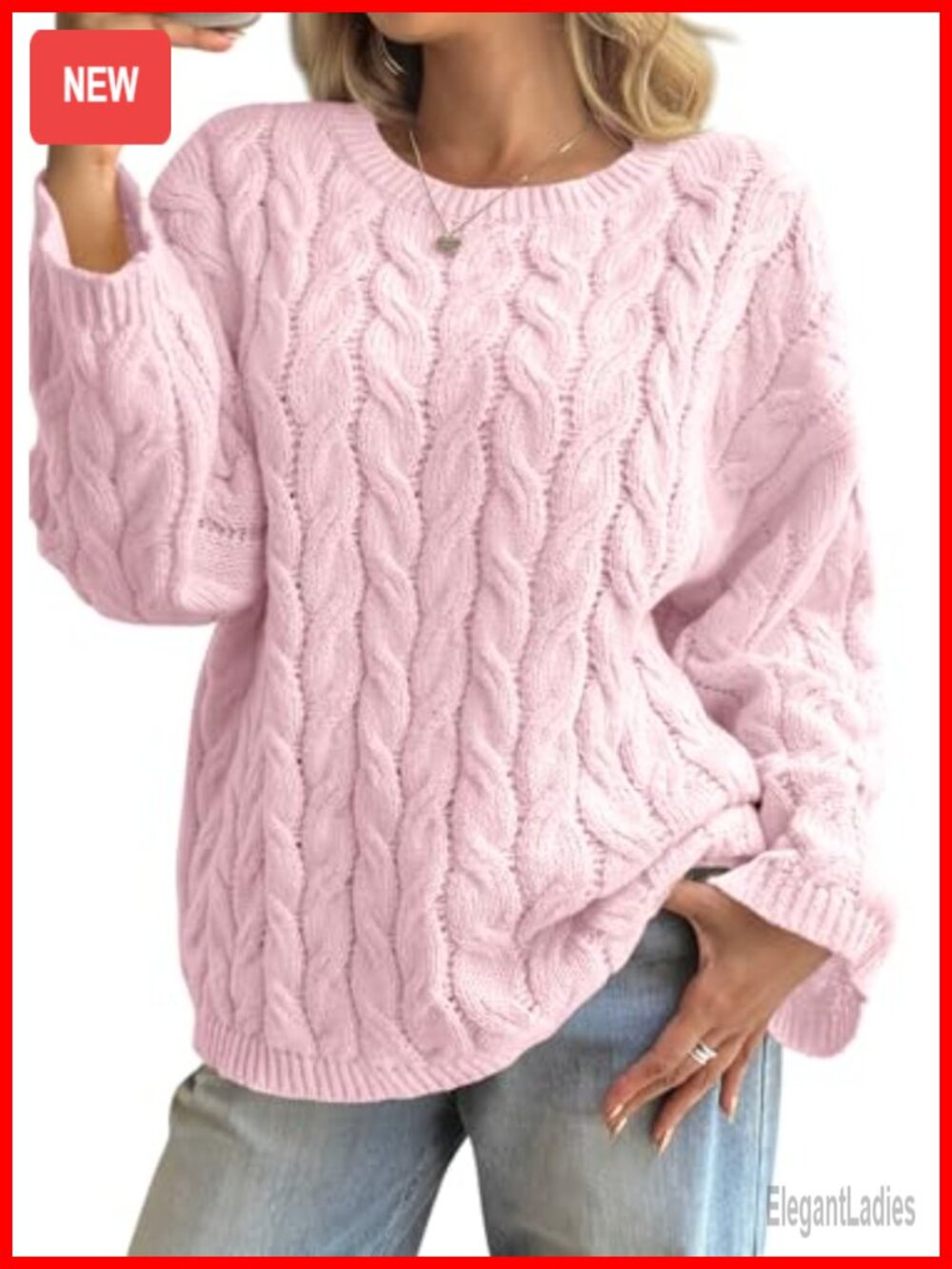Oversized Cable Knit Sweater Long Sleeve Chunky Pullover Crewneck